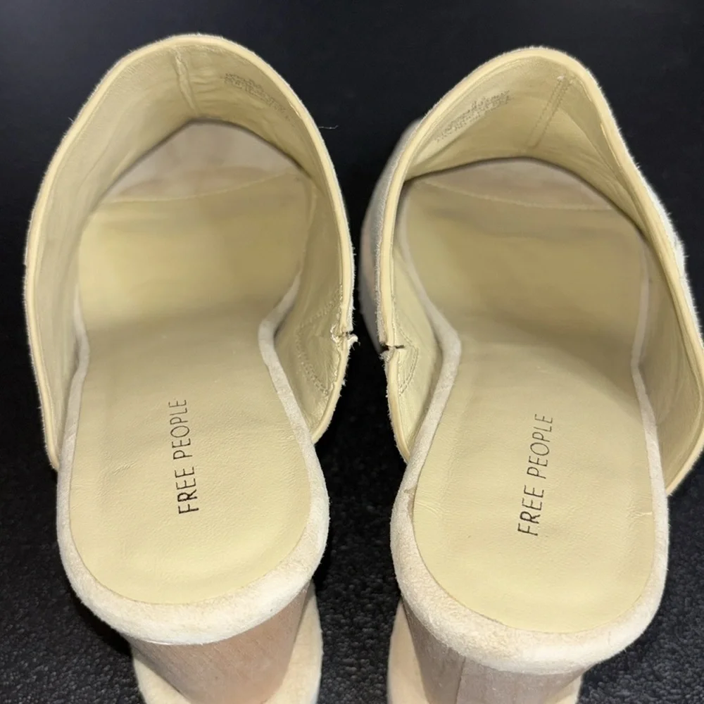 Free People Chunky Wedges Sandals Suede Tan Leather Slide Heel Shoes 8 1/2